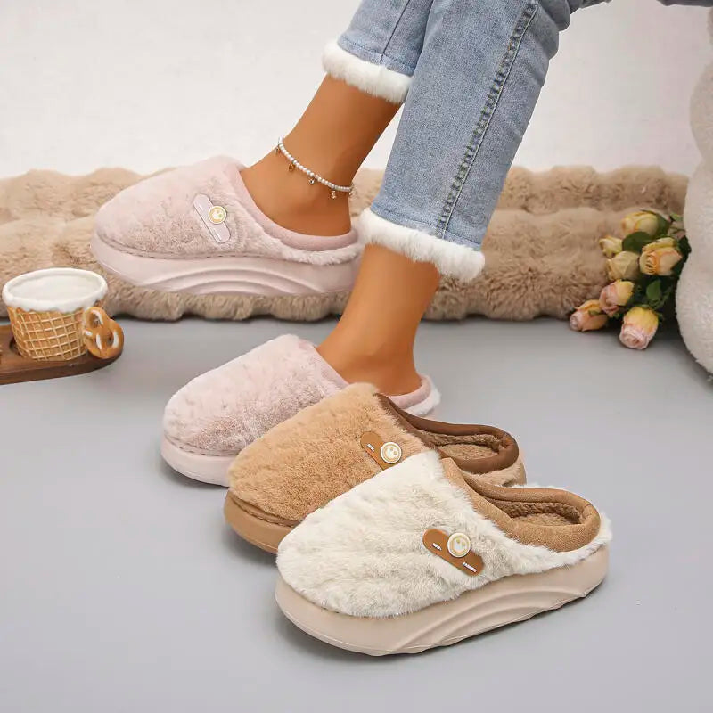 Thick Sole Plush Winter Slippers for Women Indoor House Chunky Platform Fluffy Slippers Woman Non Slip Warm Couples Cotton Shoes