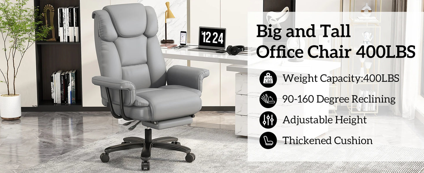 Criss Cross Chair with Wheels, 160°Big and Tall Reclining Office Desk Chair with High Back, Wide Seat, Arms, Footrest, Grey