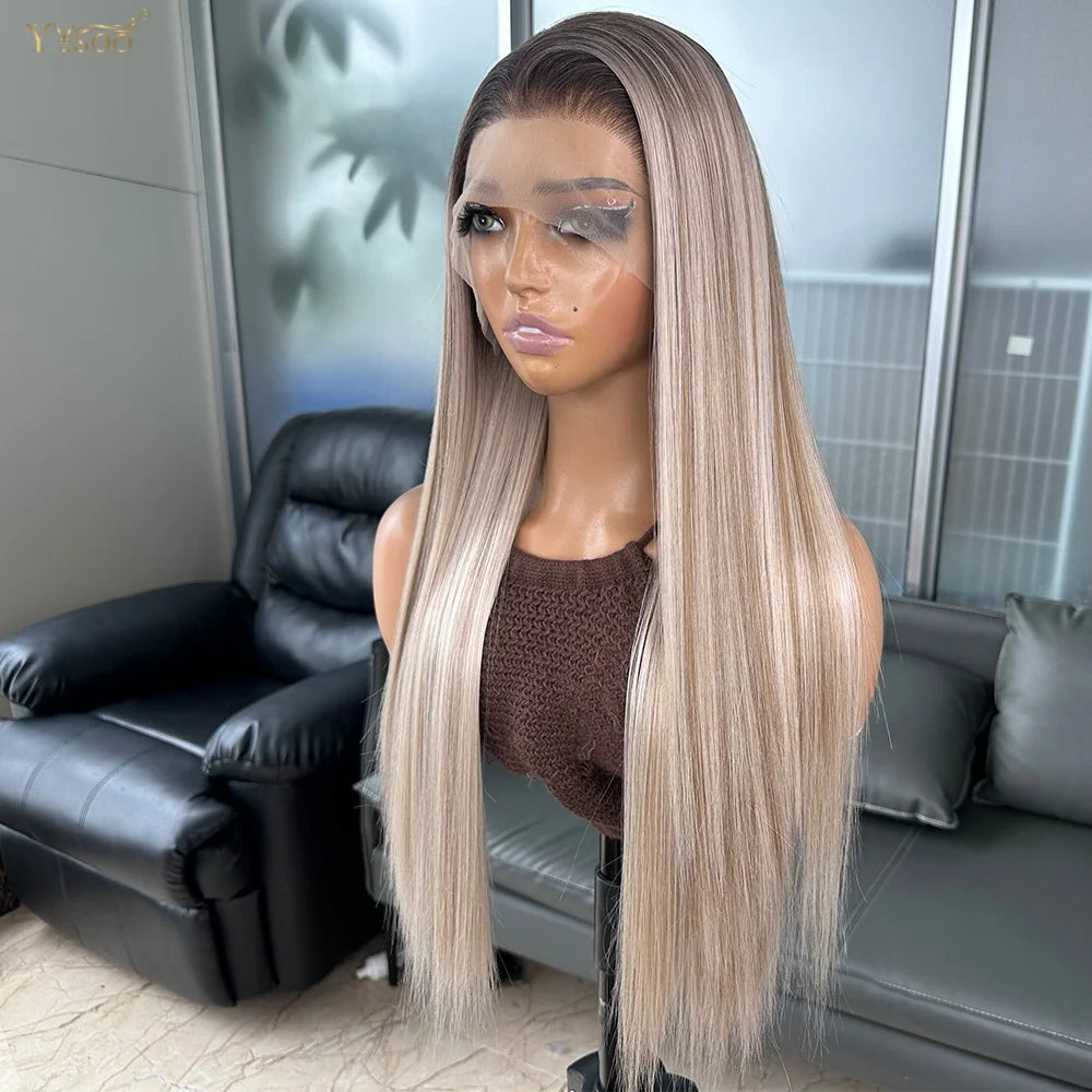 Long Heat Resistant 13x6 Synthetic Lace Front Wig Japan Futura Hair Ombre Highlights Silky Straight Hair Pre Plucked Hairline