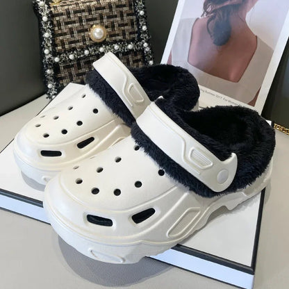 Plush slippers 2025 new winter men's and women's thick high heels soft-soled beach garden shoes home plush ripped slippers