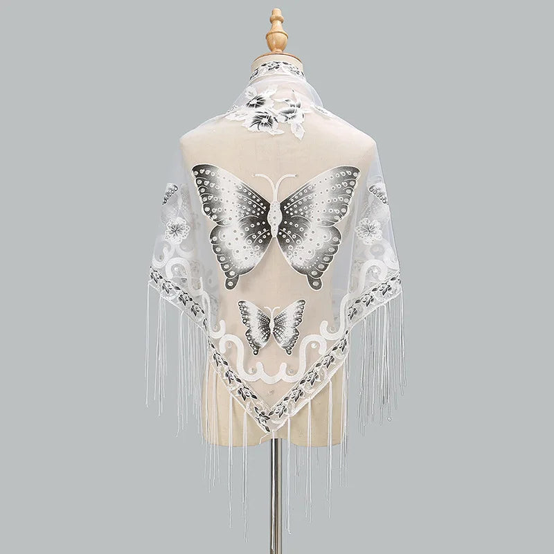 New Women Lace Tassel Triangular Scarf Solid Hollow-out Butterfly Embroidery Scarves Soft Lady Shawl Foulard Party Wrap Shawls