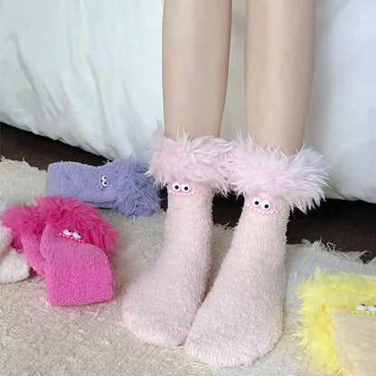 Funny Big Mouth Monster Plush Socks Cute And Fun Plush Socks Thick Coral Velvet Cartoon Sleeping Socks Winter Women Socks Gifts