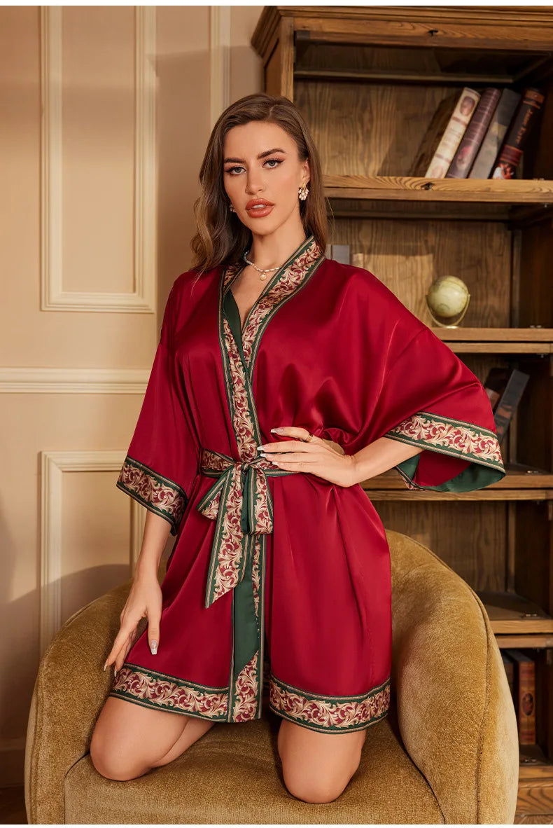 Navy Blue Print Flower Robe Nightgown Silk Satin Female Sleepwear Nightdress Spring Summer Loose Kimono Bathrobe Gown Home Wear