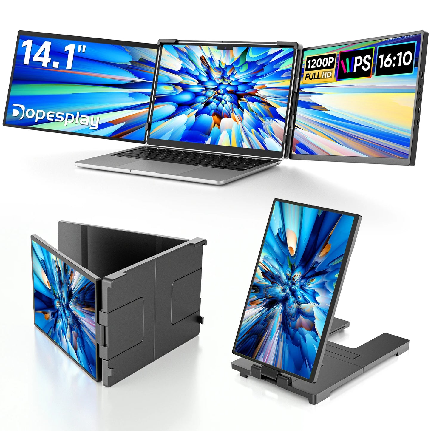 Dopesplay 14.1inch Laptops Screen Extender Triple Dual 1200P IPS Portable Monitor for Windows PC MacBook Chrome Laptop 13.3-17.3
