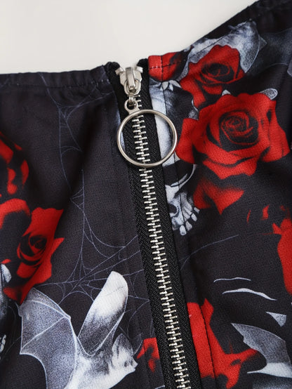 European and American trend oversized ladies slimming shoulder strap zipper full print skull pattern dress
