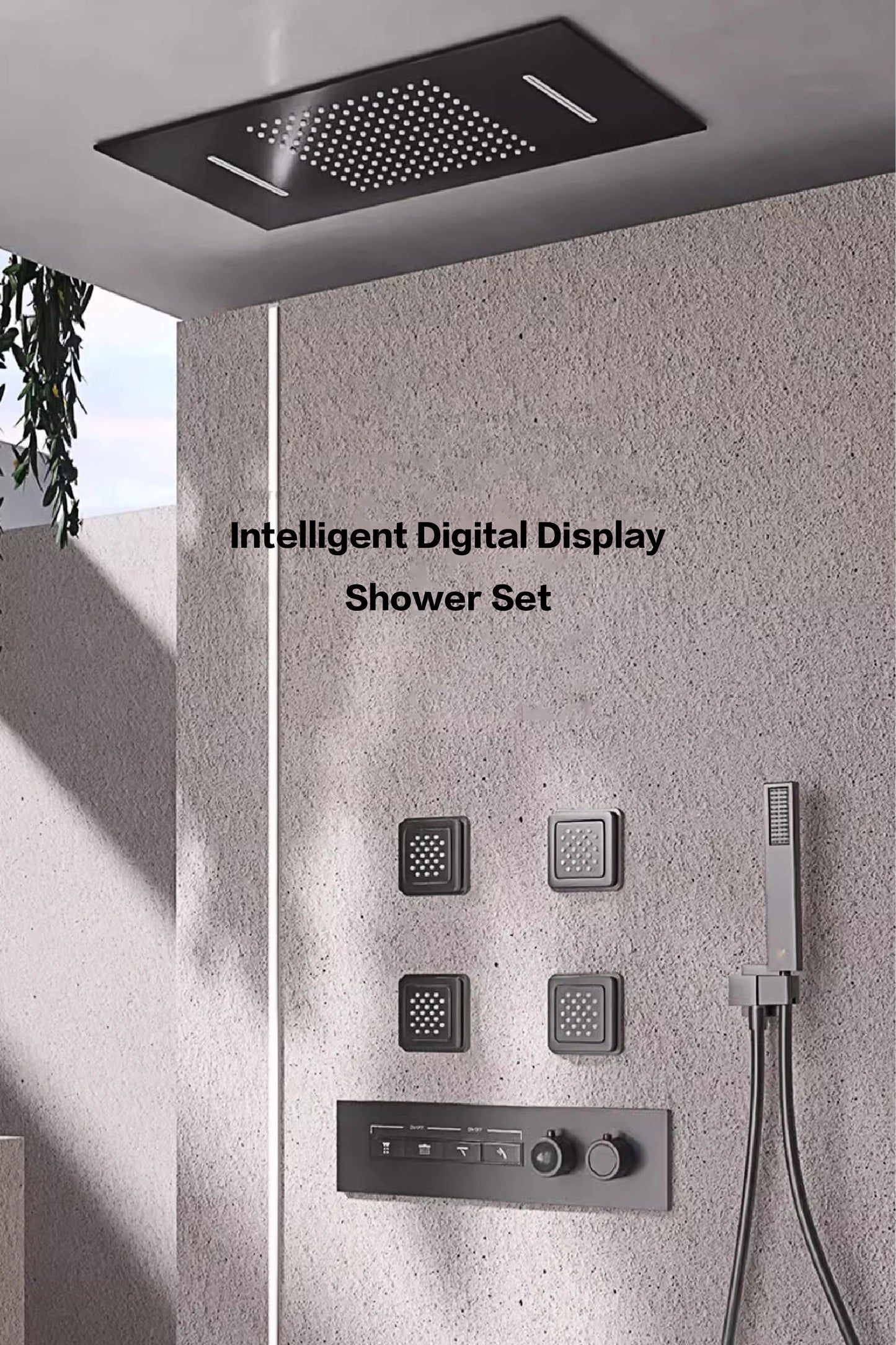 Luxury gun gray brass shower system with ceiling design Hidden LED digital display Dual control of Hot & Cold  bathroom Faucet