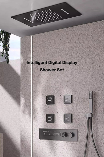 Luxury gun gray brass shower system with ceiling design Hidden LED digital display Dual control of Hot & Cold  bathroom Faucet