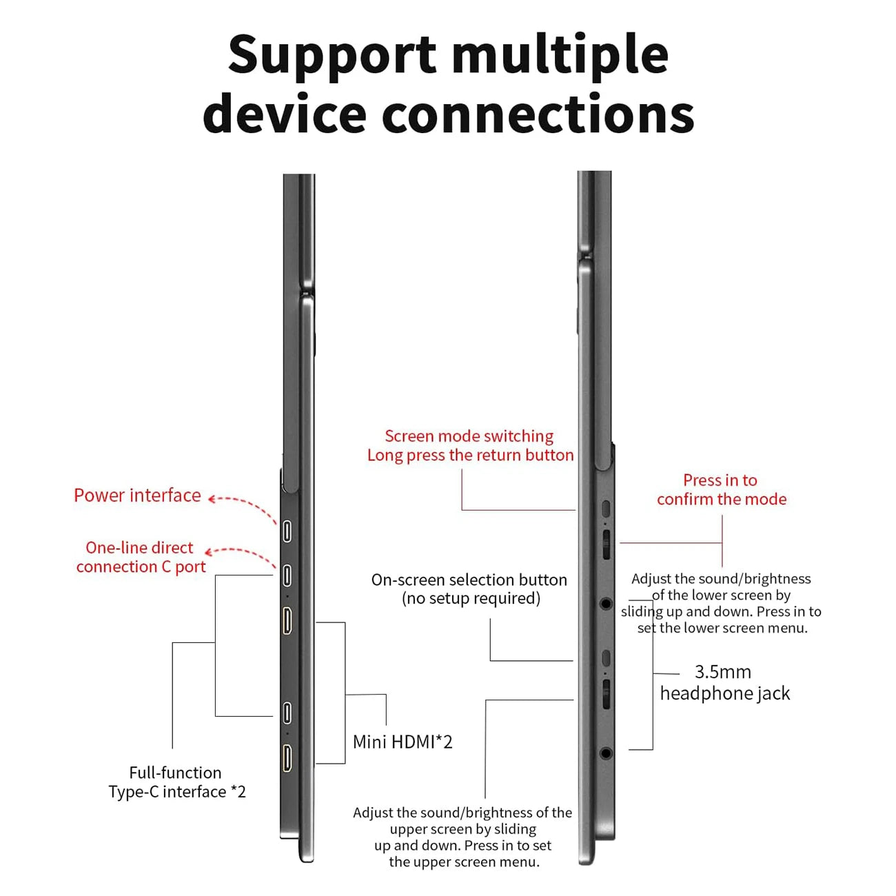SIBOLAN 16" Dual Portable Monitor 2.5K IPS Folding PC Display USB-C HDMI Plug Laptop Screen Extender for Mac Windows Phone