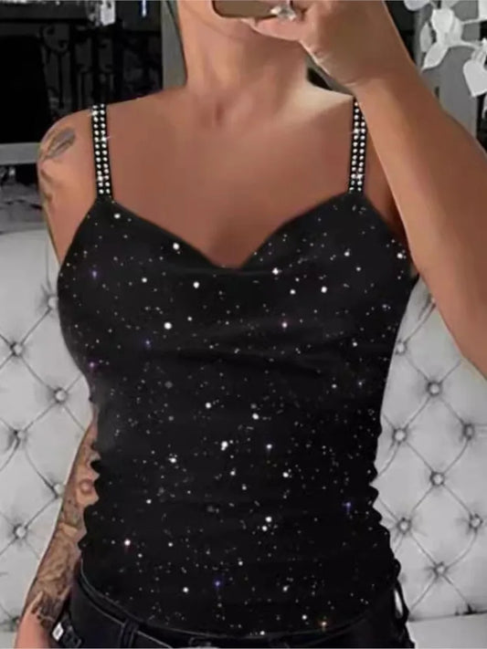 Women's Fashion Tank Top Camisole Glitter Rhinestone V-Neck Cami Tops Cross Strap Vest Female Night Club Wear Summer New Clothes
