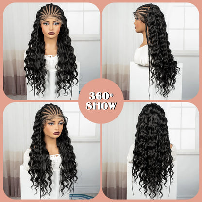 28inch 13x6 Transparent Lace Front Natural Deep Wave Hair Wigs with Cornrow Braids Synthetic Curly Brazilian Hair Wig for Women