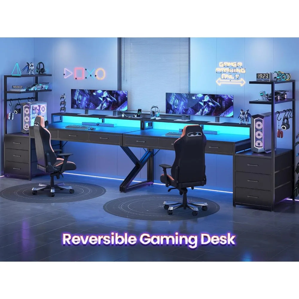 55" Gaming Desk with 6 Drawers, Corner Gaming Desk with Storage & LED Lights, Reversible PC Desk with Power Outlet,, Customized