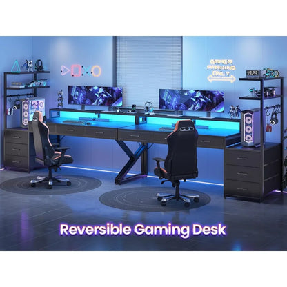 55" Gaming Desk with 6 Drawers, Corner Gaming Desk with Storage & LED Lights, Reversible PC Desk with Power Outlet,, Customized