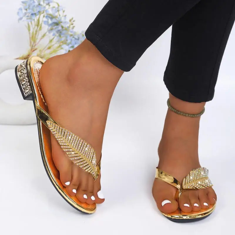 Luxury Rhinestone Leaf Flip Flops Woman Summer 2026 Gold Silver Crystal Low Heel Sandals Women Soft Bottom Lightweight Shoes 43