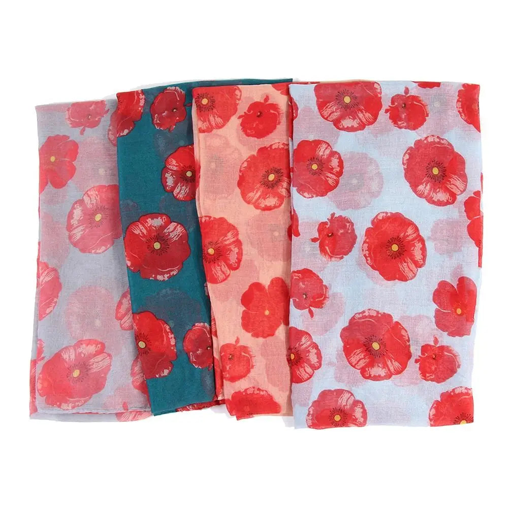 Colorful Poppy Print Scarf 180*90cm Smooth Poppy Floral Shawl Breathable Cotton Voile Poppies Floral Wrap for Women Ladies