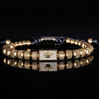 [Micro-Set Bead Bracelet] Luxury Micro-Set Square Crown Bead Adjustable Size Men's Gorgeous Braided Bracelet