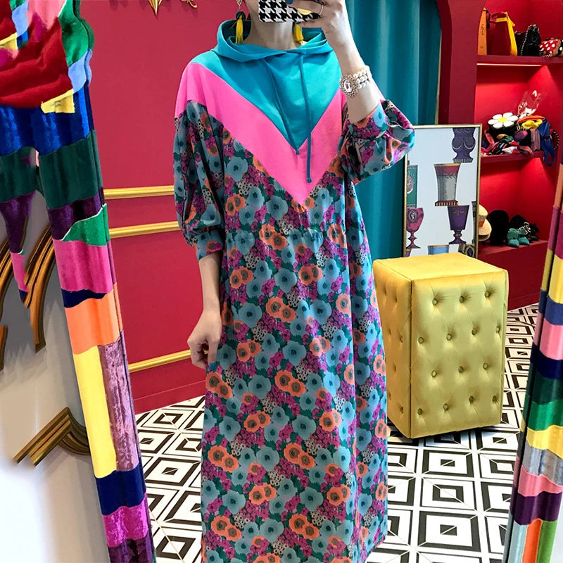 Chic Retro Floral Print Hooded Long Sweater Dr Women's High Waist Color Blo Waisand Casual Comfortable Autumn Dr