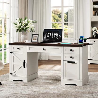 58'' Farmhouse Home Office Desk with Drawers, Wooden Executive Desk with Charging Station, File Drawers and Storage