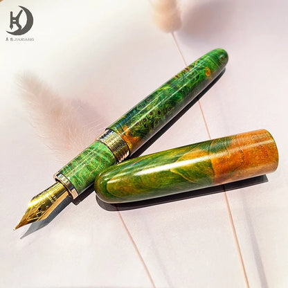 Natural Stabilized Wood Fountain Pen, Fine Nib Carving Handcraft Pen with Converter (Grass Green/Red/Blue)