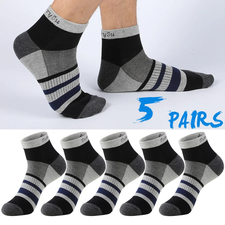 5 Pairs/Lot Running Socks Men Ankle Colorful Stripes Combed Cotton Outdoor Gym Compression Short Male Socks 5 Colors New 2025
