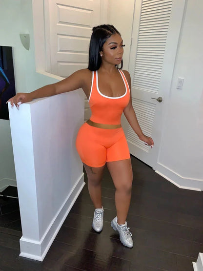 2024 European and American Women's Fashion Sexy Sports Solid Color Tank Top Shorts Set