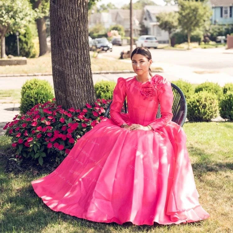Elegant Women's A-line Prom Dress Round Neck Full Sleeves Evening Gown with 3D Flowers Floor-Length Satin Formal Dress Custom