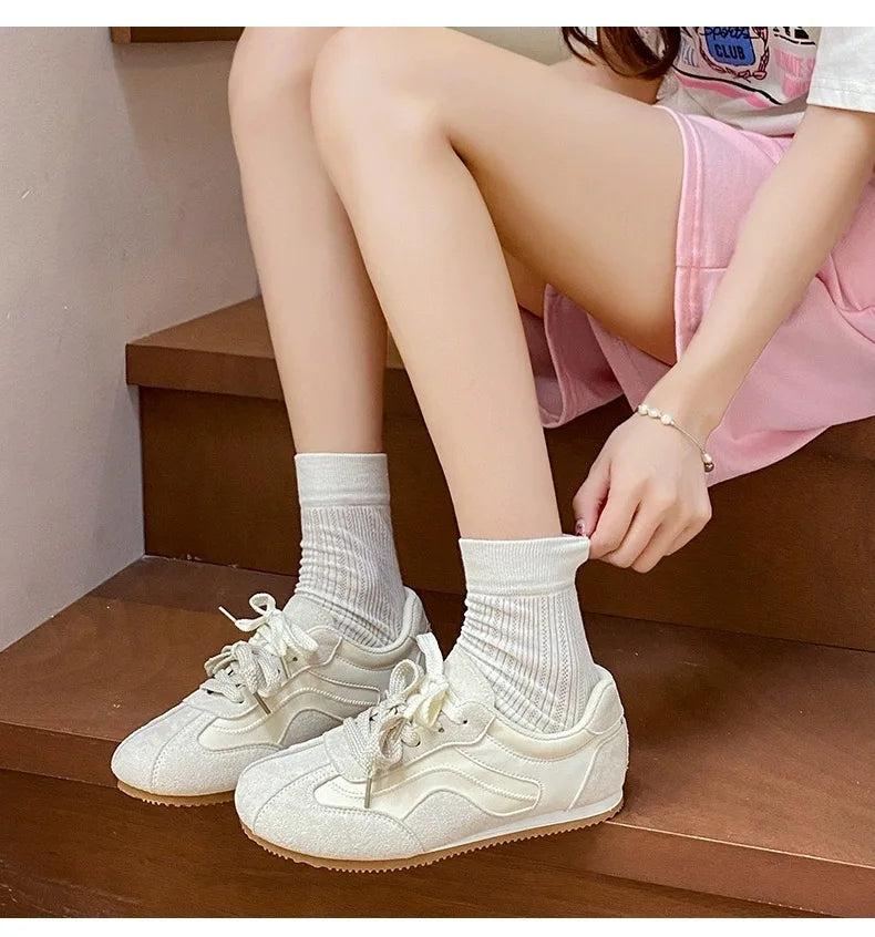 Women's Casual Shoes Suede Leather Training Shoes for Women 2026 Patchwork Retro Sneakers Ladies Casual Flat Heels Walking Shoes