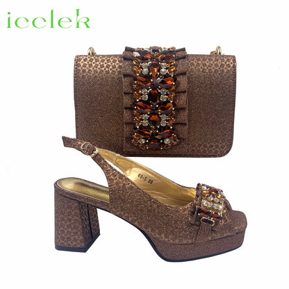 2026 Shiny Italian Fashion Pointed Toe Women Heel Fashion Rhinestone Decoration Silver Color Shoes And Bag Set