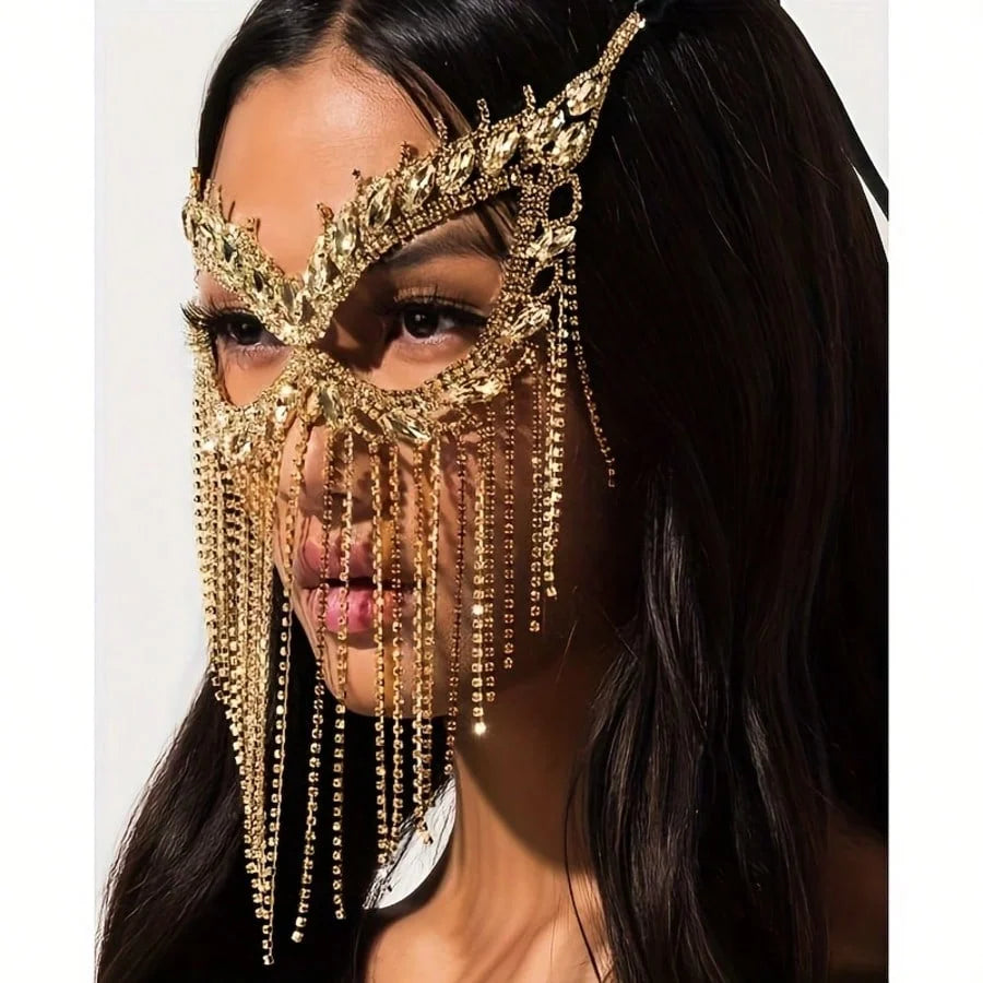 Luxury Rhinestone Tassel Mask Exaggerated Gorgeous Party Mask Halloween Fashion Crystal Face Accessory Holiday Gift