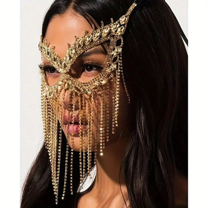 Luxury Rhinestone Tassel Mask Exaggerated Gorgeous Party Mask Halloween Fashion Crystal Face Accessory Holiday Gift