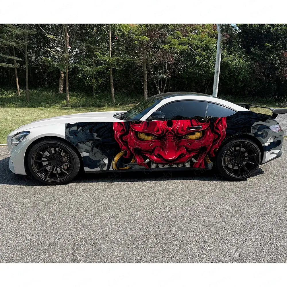 2pcs Golden-Eyed Red Oni Hannya Car Side Wraps, Self-Adhesive PVC Waterproof & Scratch-Resistant Stickers, Car Accessory Gift