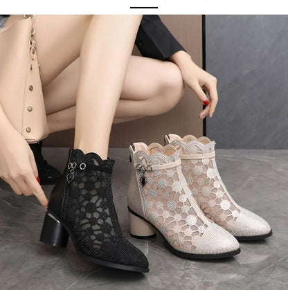 2026 Spring Summer Fashion Rhinestones Gauze Sandals Thick Heels Mesh Autumn Ankle Boots Female Hollow Women's Shoes