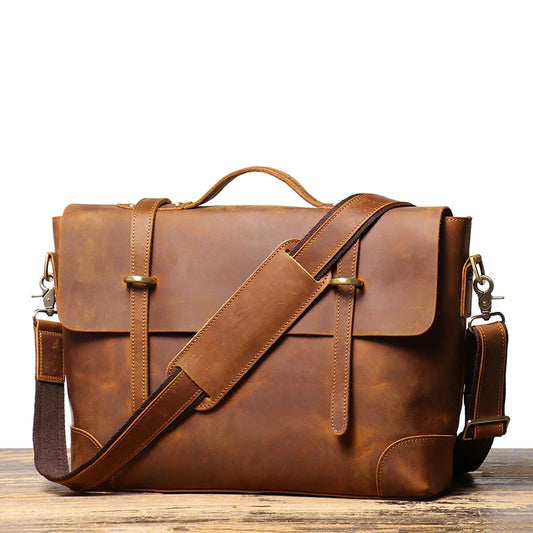 Leathfocus Vintage Leather Briefcase Fashion Design Men's Lightweight Crossbody Bag Men's Tote Handbag 15 inch Laptop Bags