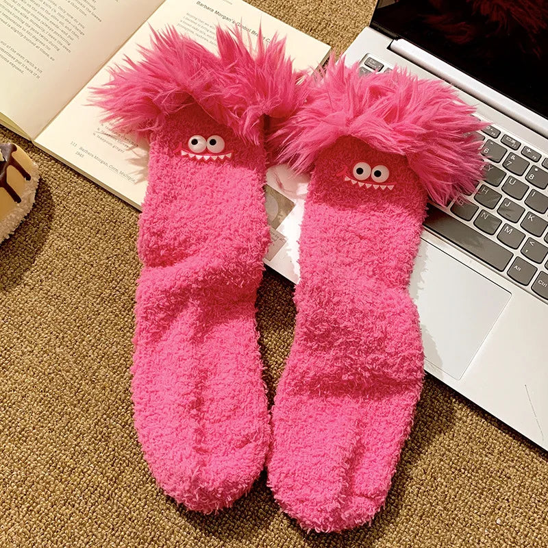 Funny Big Mouth Monster Plush Socks Cute And Fun Plush Socks Thick Coral Velvet Cartoon Sleeping Socks Winter Women Socks Gifts