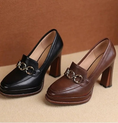 Split Cowhide Leather Shoes,Women Platform Block High Heels,Square Toe, Slip On,Retro Style,Brown,Black,Size 34-39,Dropship