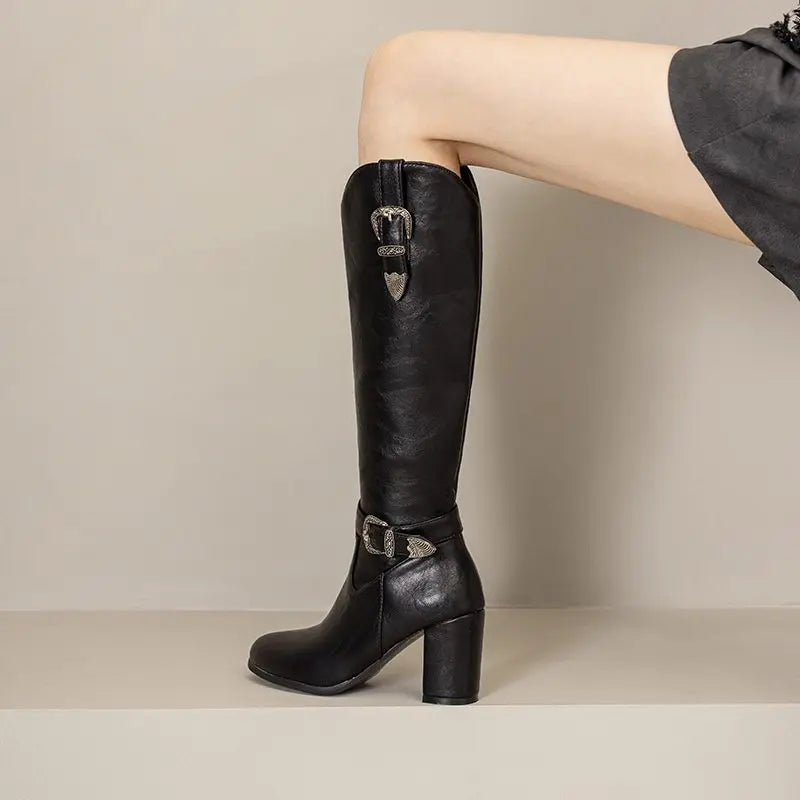 Girseaby British Style Women Knee High Boots Round Toe Block Heel 7.5cm Zipper Plus Size 51 52 Fashion Riding Bota