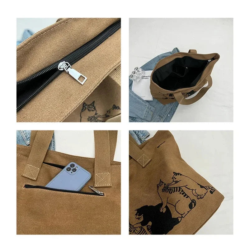 Canvas Totes Large Capacity Storage Handbag Women Tote Anime Cat Letters Shoulder Bags Girls Casual Commute Bag Portable Big Bag