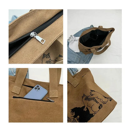 Canvas Totes Large Capacity Storage Handbag Women Tote Anime Cat Letters Shoulder Bags Girls Casual Commute Bag Portable Big Bag
