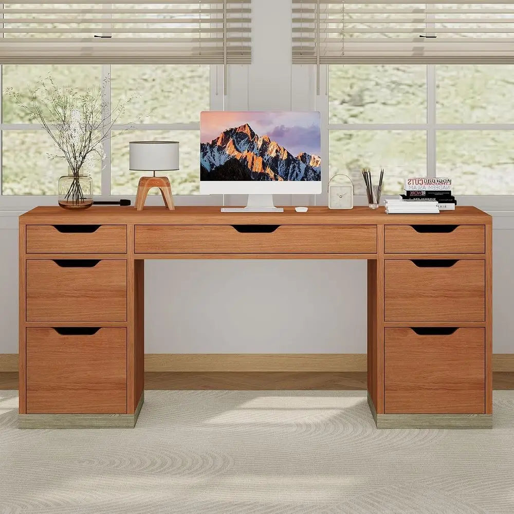 54 Inch Executive Desk with 7 Drawers, Ideal for Home Office, Study, or Bedroom, Compact for Small Spaces (Brown )