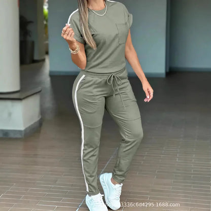 2026 New Spring Summer Fashion Sports Suit Women's Round Neck Short Sleeve Pocket Solid Color Top Sports Trousers Two-piece Suit