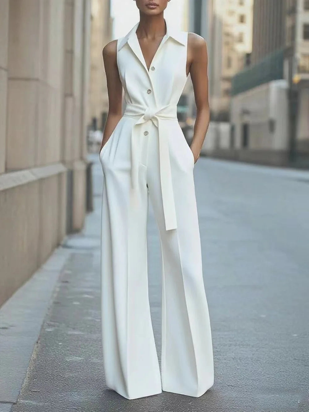 Sleeveless Lapel Jumpsuit Women's Fashion Button Down Shirt Collar Solid Color Wide Leg Commuting Office With Pocket Jumpsuit