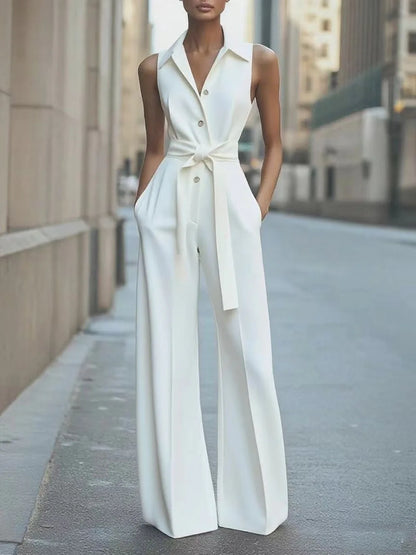 Sleeveless Lapel Jumpsuit Women's Fashion Button Down Shirt Collar Solid Color Wide Leg Commuting Office With Pocket Jumpsuit