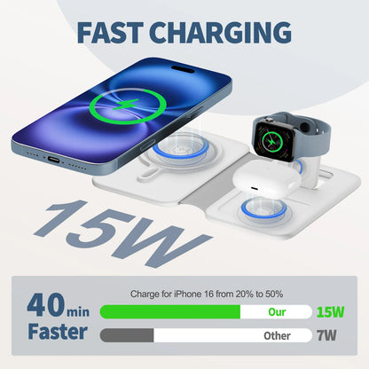 15W Magnetic 3 in 1 Wireless Charger Station Foldable Fast Charging  Type-C For iPhone 17 16 15 14 Xiaomi SAMSUNG iWatch AirPods