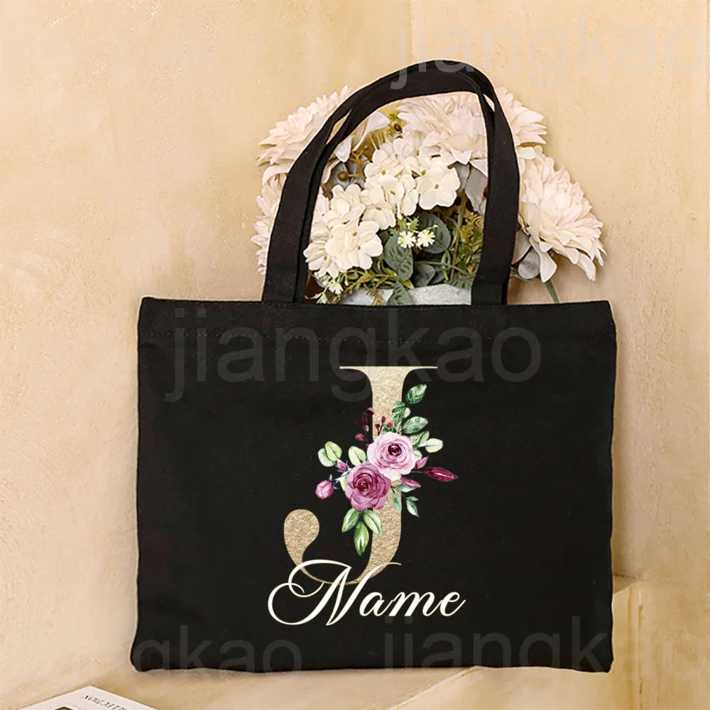 Personalized Initial with Name Tote Bag Women Canvas Shoulder Bags Monogram Shopping Bag Handbags Birthday Wedding Gifts for Her
