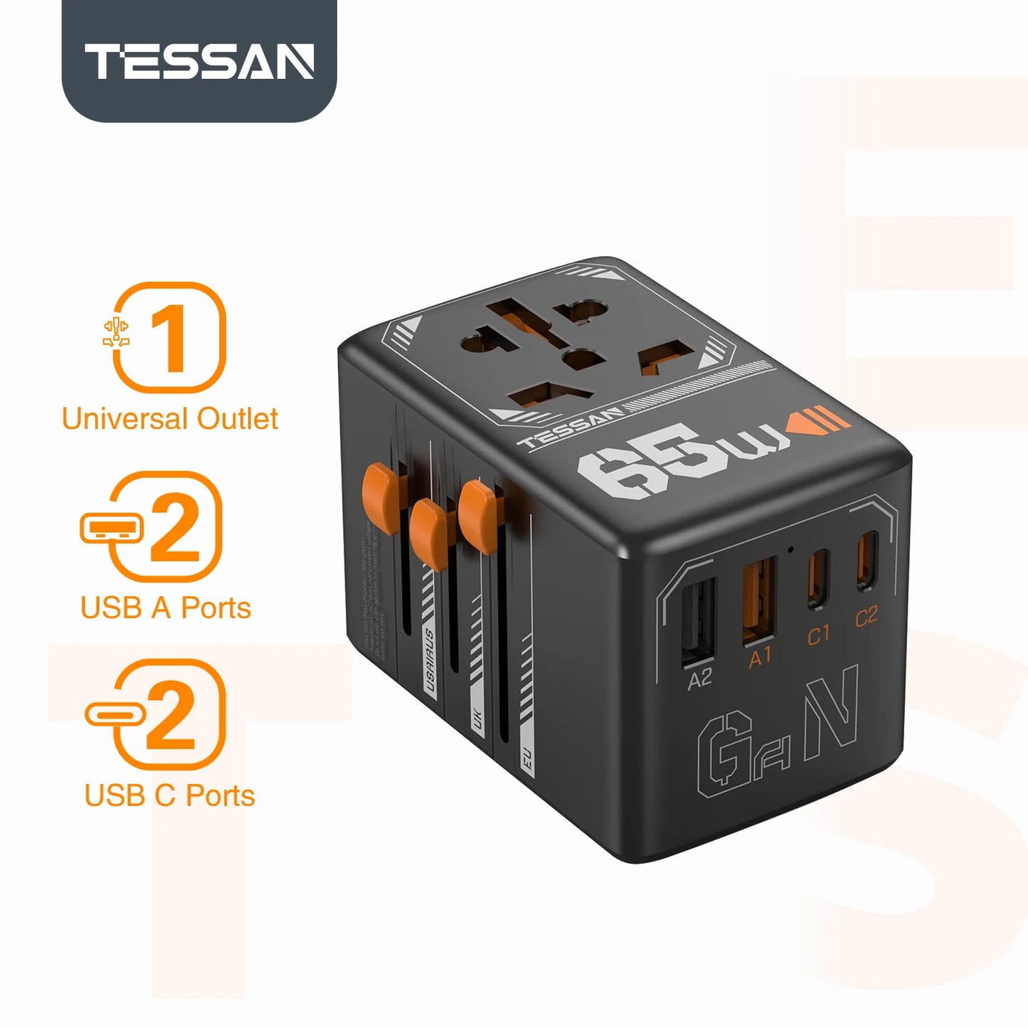 TESSAN International Plug Adaptor GaN Travel Adapter with Universal Outlet 1 USB A 3 Type C Fast Charger for EU/UK/USA/AUS