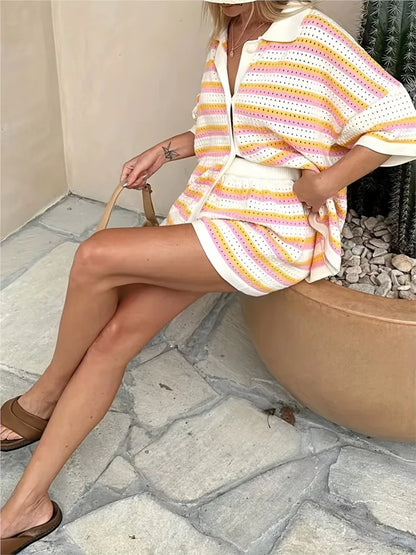 2026 Spring Summer Casual Beach Woolen Suit Fashionable Color-blocked Short-sleeved Striped Top And Loose Shorts Two-piece Set