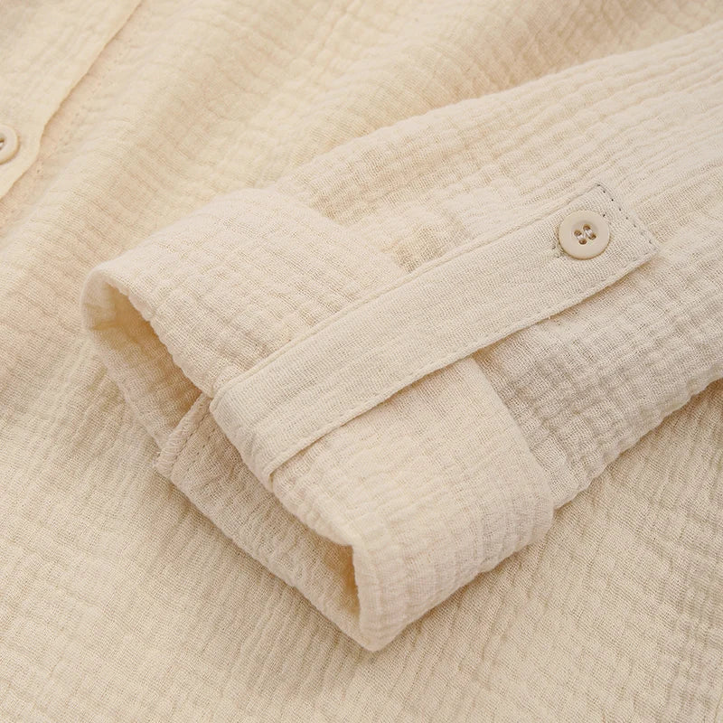 100% Cotton Gauze Muslin Sets For Women 2 Pieces Long Sleeve Shirts And Loose High Waist Mini Shorts Sets Ensemble Femme