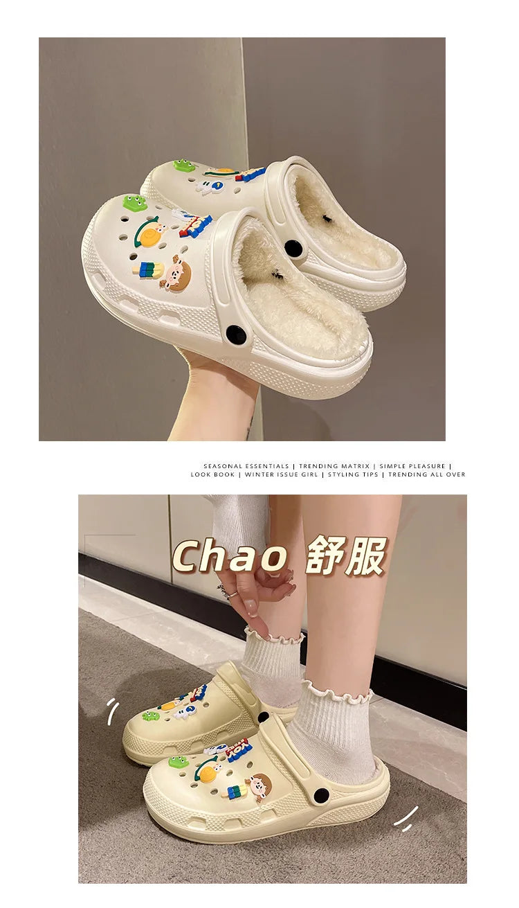 Winter Women Slippers Platform Clogs Warm Furry Slippers Fur Indoor Home Cotton Shoes Female Fluffy Slides Plush Slippers