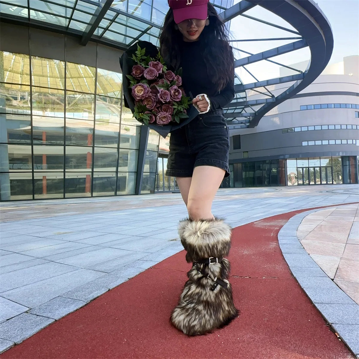 Faux Fur Knee-High Boot Round Toe Height Increasing Wild Winter Warmer Belt Buckle Slip-On Fashion Luxury Sexy Women Shoe Newest