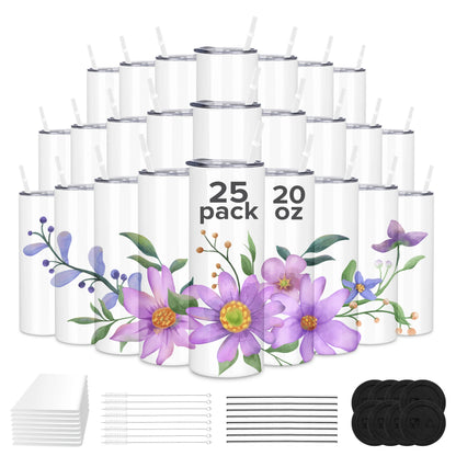 Sublimation Tumblers Blanks 20 oz 25 Pack Skinny Straight Tumblers Bulk Stainless Steel Insulated Sublimation Cups with Lid and
