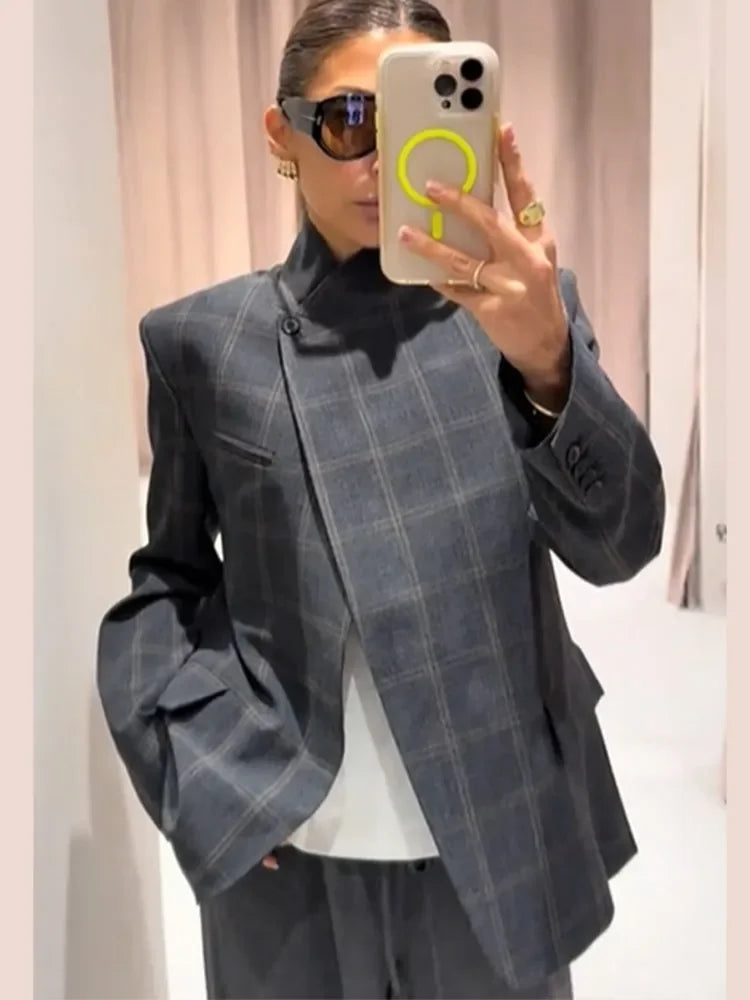 Irregular Plaid Blazer Jacket Women Fashion Stand Collar Full Sleeve Split Loose Short Coat 2026 Lady Daily Commute Outerwear